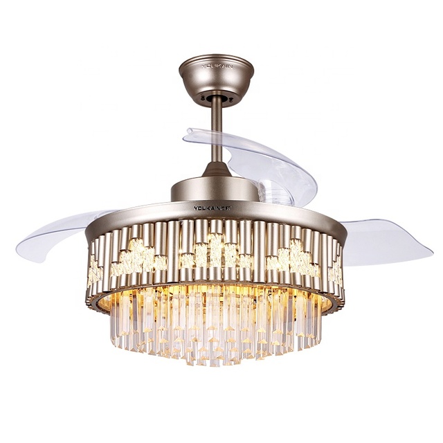 Crystal Chandelier Fan Light Luxury Decorative Golden 42 Inch Hidden Blade LED Ceiling Fan with Light and Remote Control