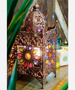 Marocchino Lanterna Multi Colore di Cristallo <span class=keywords><strong>Lampada</strong></span> Da Tavolo In Metallo Commercio All'ingrosso Indiano <span class=keywords><strong>Lampada</strong></span> In Metallo Lanterna <span class=keywords><strong>Candela</strong></span> Titolari - Product Image 2