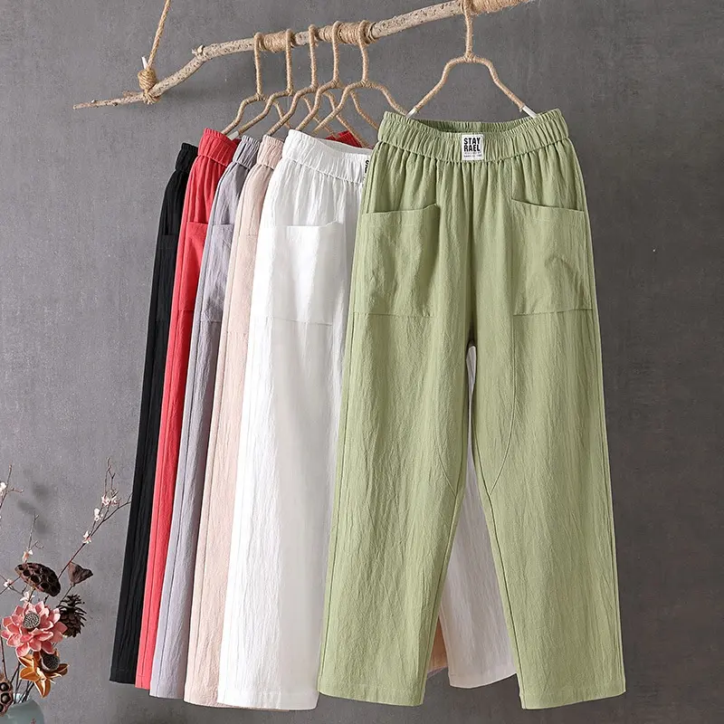 New Arrival Factory Supply Women Cotton Linen Ankle Length Pants Summer Wear Breathable Comfortable Plain Color Capri Pants