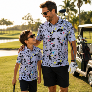 Polos de Golf Personalizados Reciclados para Vacaciones, Eventos Sociales, con Diseño de Salpicaduras de Pintura, Ropa de Golf Casual de Lujo, Polos Dorados para Él y Ella - Product Image 3