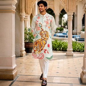 Kurta de Algodón para Hombre con Estampado Floral de Tigre, Corte Regular, Largo hasta la Rodilla, Estilo Tradicional Indio-Pakistaní, Reversible, para Fiestas y Uso Casual - Product Image 1
