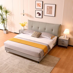 Premium Solid Wood Large Bed Genuine Leather Water Cloud Blue King Bed Pine Wood Soft Bed - Product Image 1