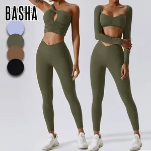 BASHAsports 2023 new design running suits one shoulder bra sets sports fitness leggings long sleeve tops yoga wear