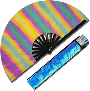 BSBH Reflective Holographic Large Rave Folding Hand Fan Clack Fan For Festival Performance Lightweight Durable Bamboo Held Fans