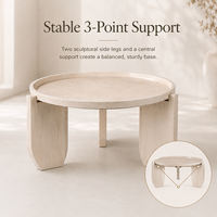 Table basse surélevée en oxyde de magnésium aspect travertin avec plateau rond et support à 3 points pour salon et décoration intérieure