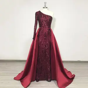 2022 One Shoulder Shiny Sequin evening dress Long Banquet Prom satin Evening dress for Party Gowns With Detachable Train