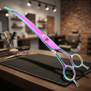 Ciseaux de toilettage pour animaux de compagnie, lames légèrement courbées, revêtement multi-plasma coloré, coiffure professionnelle, manche long, pour droitiers - Product Image 4