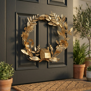 Corona Metálica Dorada con Adorno de Casa, Flores Decorativas Redondas, Hecha a Mano, Estilo Clásico, Corona Sin Iluminación - Product Image 3