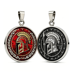 Pendentif en alliage de zinc plaqué argent, médaille circulaire avec motif casque de Sparte, émail, thème antique, objet de collection artistique - Product Image 4