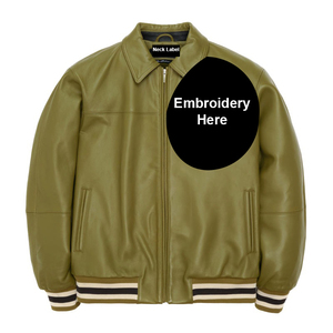 Men's Olive Green PU Leather Bomber Jacket With Front Zip Closure Casual Style Solid Color - Product Image 1