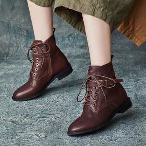 Bottines à plateforme en cuir de vache, style britannique, à bout pointu, avec fermeture éclair latérale et lacets, bottes Martin pour femmes, nouvelle collection automne/hiver - Product Image 1