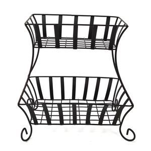 Two Tiered Fruit Basket Black Wrought Iron Rectangle <b>Standing</b> Type Durable Food Container For Living Room Modern Minimalist - Product Image 3