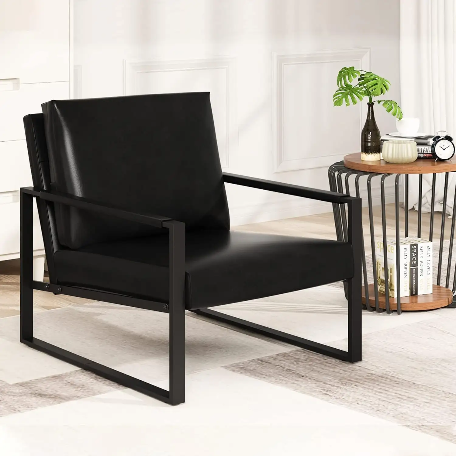 Kursi Sofa kulit hitam Modern kursi empuk ekstra tebal dan sandaran kaki penyerapan antiselip Ideal untuk ruang tamu