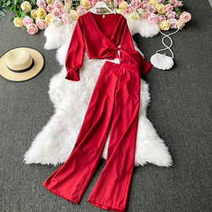 Spring Autumn Two Piece <span class=keywords><strong>Outfits</strong></span>ためWomen Long Sleeve Blouse Shirt + High Waist Wide Leg Flares Pants Elegant Korean Sets 4E168 - Product Image 1