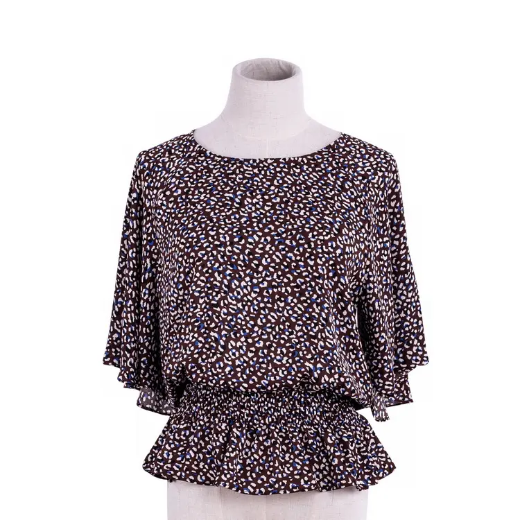 2021 Summer Round Neck Print Short Knitted Tulle Bat Sleeve Breathable Ladies Blouse Breathable Top