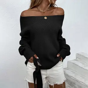Soiling High quality crew neck elegant jumpers off shoulder knitwear pure color oversize lace up casual pullover women sweaters