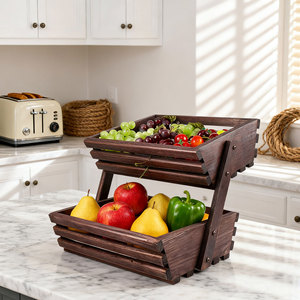 Doğa ahşap meyve sepeti 2 katmanlı meyve standı tezgah için meyve kabı mutfak - Product Image 1