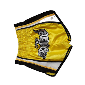 Shorts de Muay Thai en satin extensible, avec large ceinture élastique, empiècements latéraux en mesh et patch brodé sur le devant, pour le kickboxing et les arts martiaux - Product Image 1