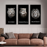 Ensemble de trois tableaux muraux en cristal représentant des animaux (Lion, Tigre, Aigle, Hibou, Léopard) avec cadre en alliage d'aluminium pour bureau et salon