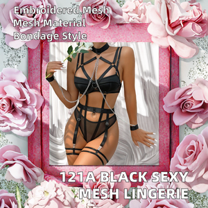 Seksi şeffaf vücut Bodysuit siyah kadın erotik iç çamaşırı 2-Piece Set Hollow dekorasyon bandaj jartiyer kemer nefes örgü - Product Image 2