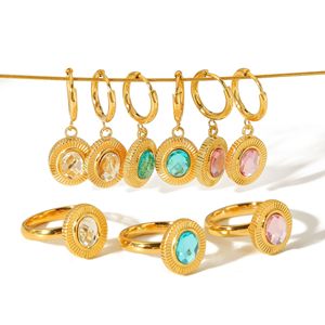 Juego de Anillos y Pendientes Retro Ovalados de Zirconia Estilo Europeo-Americano, con Engaste de Bisel de Acero Inoxidable 18K, Joyería de Moda para Fiesta - Product Image 3