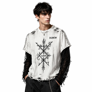 Camiseta Oversize DIZNEW Blanca Lavada con Estampado de Brújula de Runas Vikingas, Manga de Malla Ovalada con Flecos de Hilo, Unisex, Estilo Gótico Personalizado - Product Image 3