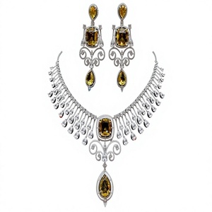 Magnifique ensemble collier et boucles d'oreilles en argent plaqué zircon avec pierres jaunes taille poire pour femme, bijoux de mariage - Product Image 2