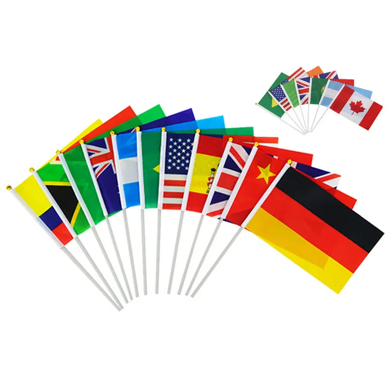Kelime 32 ülke küçük el bayrakları direkleri ile milli takım bayrakları barış sallayarak el bayrağı
