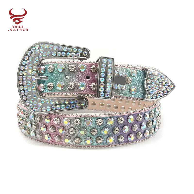 Beroemde Merken Verwijderbare Gesp Bling Crystal Riem Man Westerse Jongen Stud Conchos Schroef Regenboog Strass Riemen