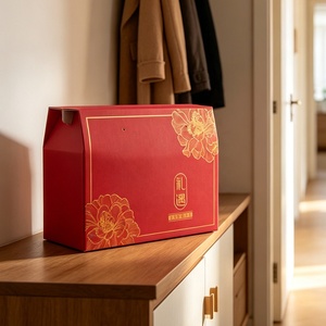 Boîtes cadeaux rouges pour les fêtes chinoises, boîtes en papier pour paniers alimentaires imprimées de pivoines dorées, pour l'emballage de noix, de collations et de pâtisseries - Product Image 6