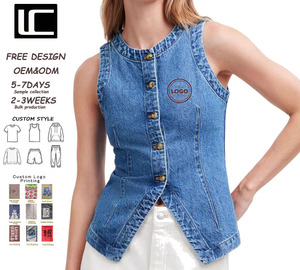 <span class=keywords><strong>Chaleco</strong></span> sin Mangas de Mezclilla Azul Vintage con Logotipo Personalizado, Estilo Francés Chic, Corte Entallado, Abotonado, Estilo Urbano, Detalle de Costura Lateral, <span class=keywords><strong>Chaleco</strong></span> para <span class=keywords><strong>Mujer</strong></span> - Product Image 1