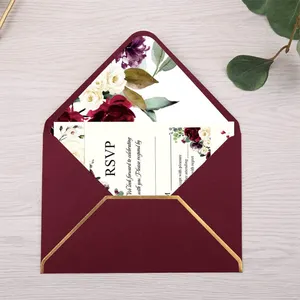 Carte d'invitation personnalisée Rose bordeaux, carton d'invitation avec bordure dorée pour mariage et fiançailles
