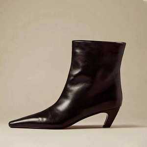 Botines de tacón fino de cuero genuino 2026 con punta cuadrada estilo francés para mujer, botines cortos de tacón gatito que combinan con todo - Product Image 1