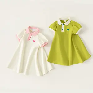 Stock Children luxury Love Embroidered Polo puff sleeve Korean Princess Cotton polyester fiber kids dresses for old girls