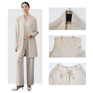 Conjuntos de ropa de trabajo de lana para <span class=keywords><strong>mujer</strong></span> Conjunto de tres piezas de punto de lana Cárdigan Camiseta sin mangas Pantalones Traje de mezcla de lana Spandex - Product Image 4