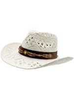 Chapeau de cowboy blanc imitation paille en gros |   Chapeaux de festival Panama personnalisés en cuir ajouré et perles de bois pour adultes, idéaux pour la plage et le soleil