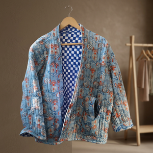 Best Selling Autumn/Winter Breathable Handblock Printed Cotton <b>Quilted</b> Handmade Floral Silk Lining <b>Jacket</b> with Worldwide Supply - Product Image 3