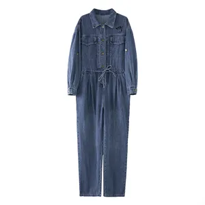 Jumpsuit lengan panjang wanita, jumpsuit lurus longgar jeans enzim katun 2023