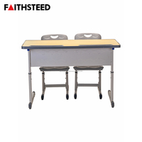 Ensemble robuste de bureau et chaise double gris pour étudiants, poste de travail de classe réglable en hauteur pour deux élèves, salle d'étude