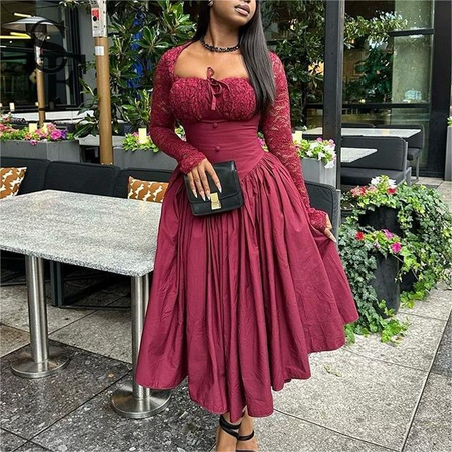 SHENGFU Women Vintage Burgundy Long Sleeve Corset Midi Dress Renaissance Fit and Flare Gown