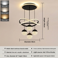 Lámpara Colgante LED Moderna Dorada para Salas de Estar, Lámpara de Araña Minimalista con Anillo de Cristal, 4 Esferas, Altura Ajustable, Inalámbrica