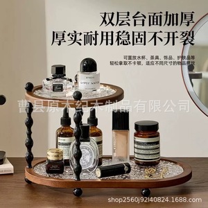 Acacia Wood Double Layer Cosmetic Storage Rack Luxury <b>Desktop</b> Organizer for Makeup Home Use - Product Image 5