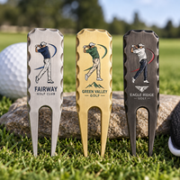 Outil de réparation de divots de golf personnalisé en alliage de zinc et cuivre, imprimé UV, avec marteau et fourche à divots, accessoire souvenir pour club de golf