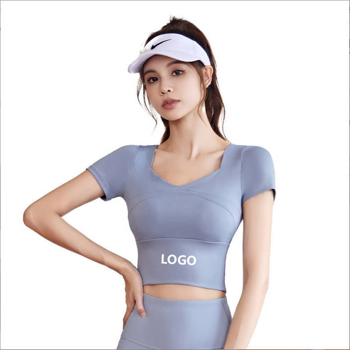 New Summer Solid Print Yoga T-Shirt Bra-Free Running Short Sleeve Top with Quick Dry High Elastic Slim Fit for Adults LOGO