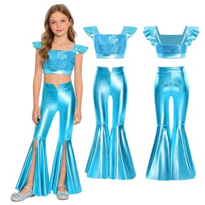 Kids Girls Dance Costumes Wholesalers Dance Performance Outfit Sparkling <b>Sequin</b> Metallic Crop <b>Top</b> With Pant Casual Daily Wear - Product Image 3