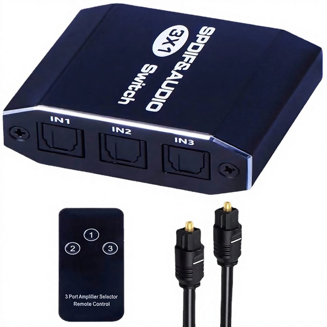 Hardrock Metal Fiber Optic SPDIF 3-Input-1-Output Audio Switch Distributor with China Origin and Color Box Packaging FCC CE