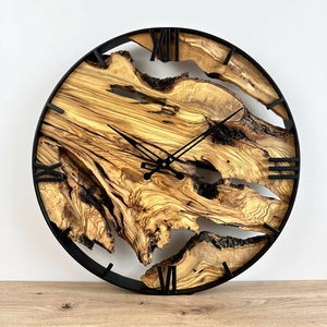 Solid Wood Live Edge Rustic <b>Modern</b> Farmhouse <b>Wall</b> <b>Clock</b> Handmade Battery Operated Quartz Analog with Abstract Geometric Pattern - Product Image 1