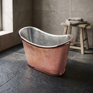 Baignoire ovale autoportante en cuivre, double cuvette, avec base inclinée et jupe décorative, de luxe, classique, écologique, artisanat indien - Product Image 3