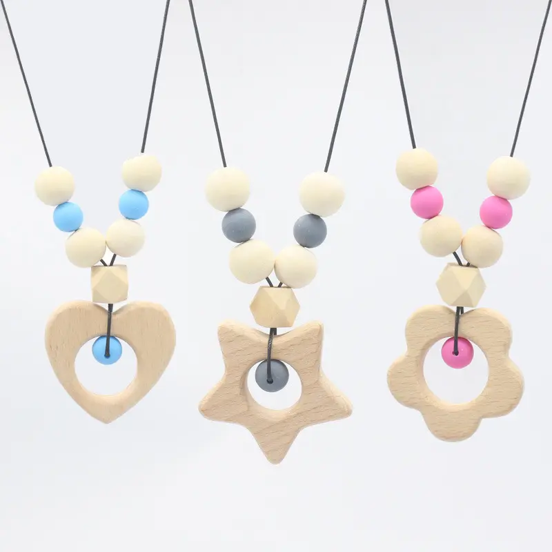 BPA Free Food Grade Silicone Wood Beads Heart Shaped Pendant Baby Teething Toys Chewable Necklace