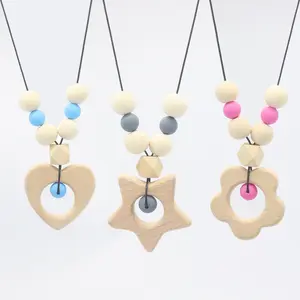 BPA Free Food Grade Silicone Wood Beads Heart Shaped Pendant Baby Teething Toys Chewable Necklace